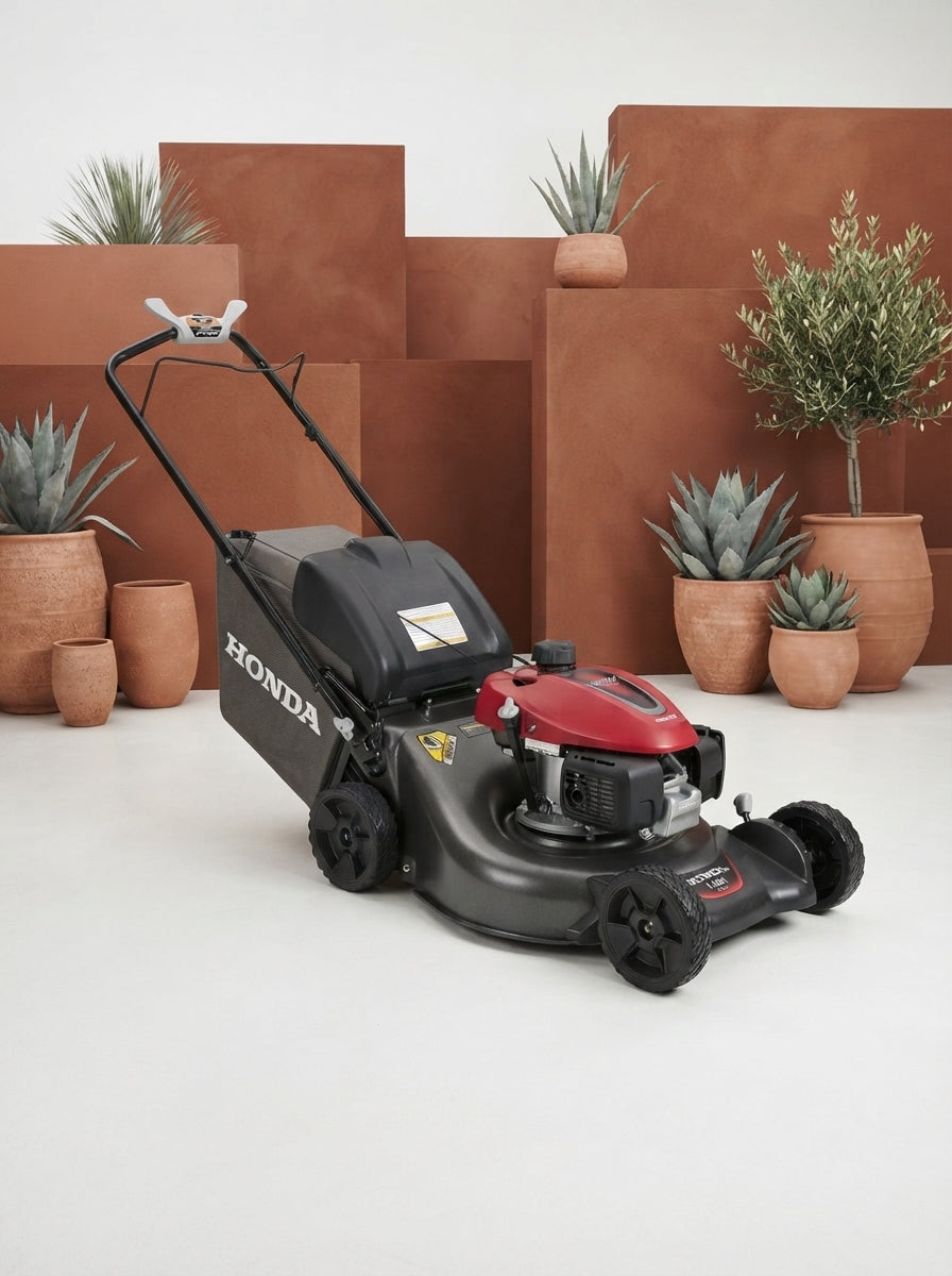 Honda HRN216VKA gas lawn mower in a bright studio setting with terracotta and burnt sienna decor elements.